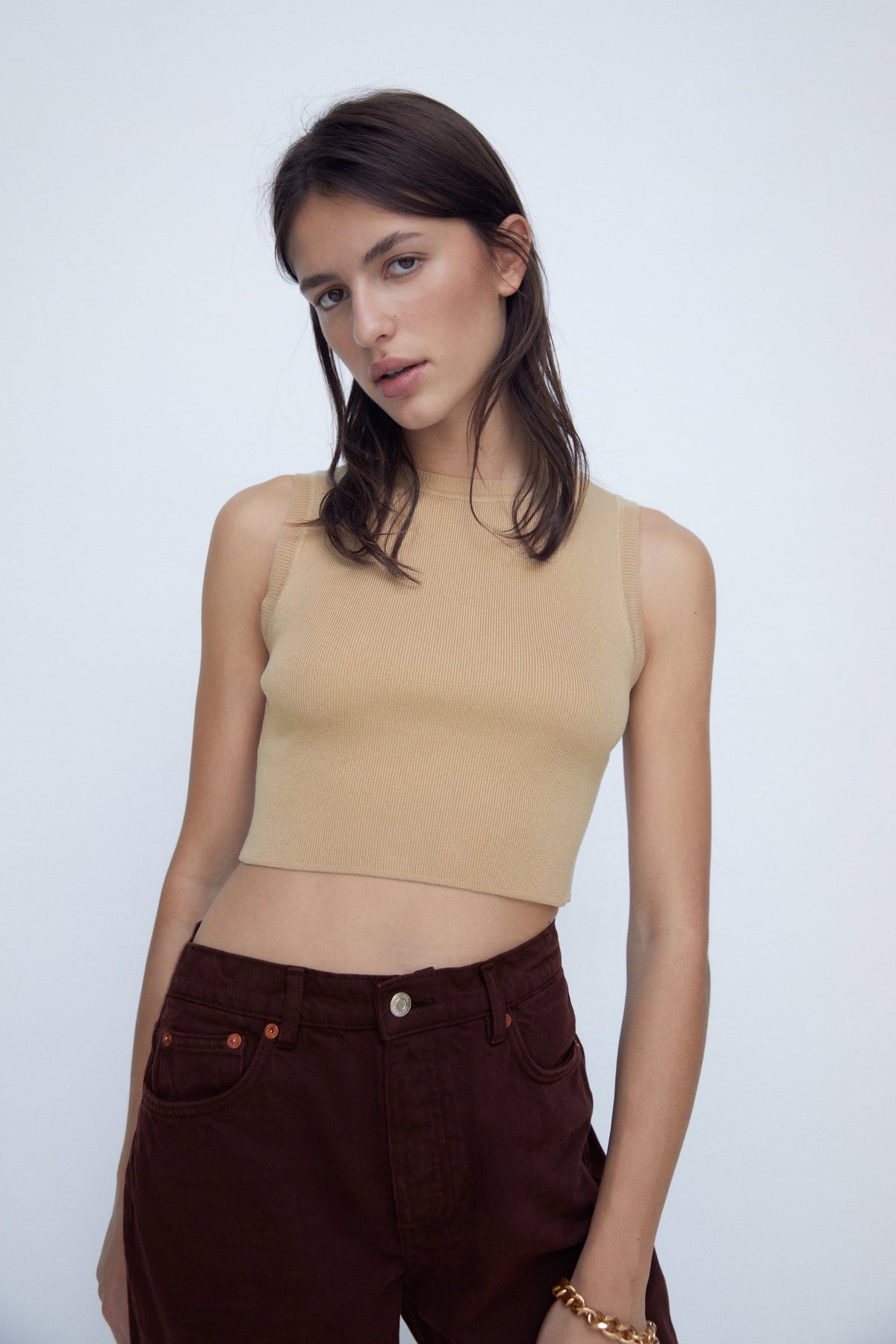 Women Beige Knit Crop Top