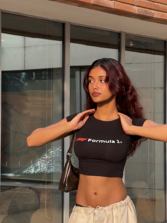 Black F1 Baby Tee - Y2K Streetwear Cropped Fit