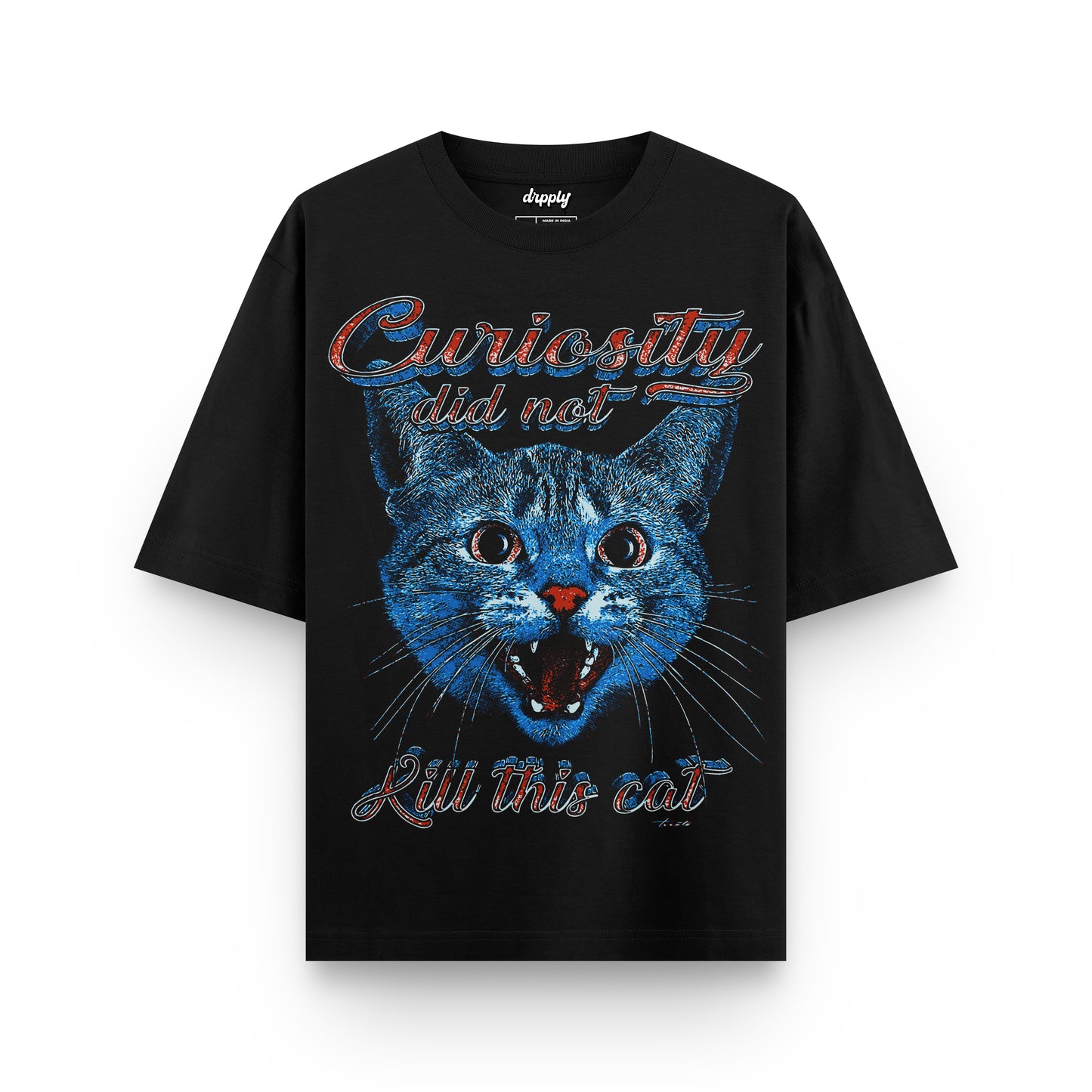 Oversized Black Curiosity Cat T-shirt - Heavy 250 GSM Cotton