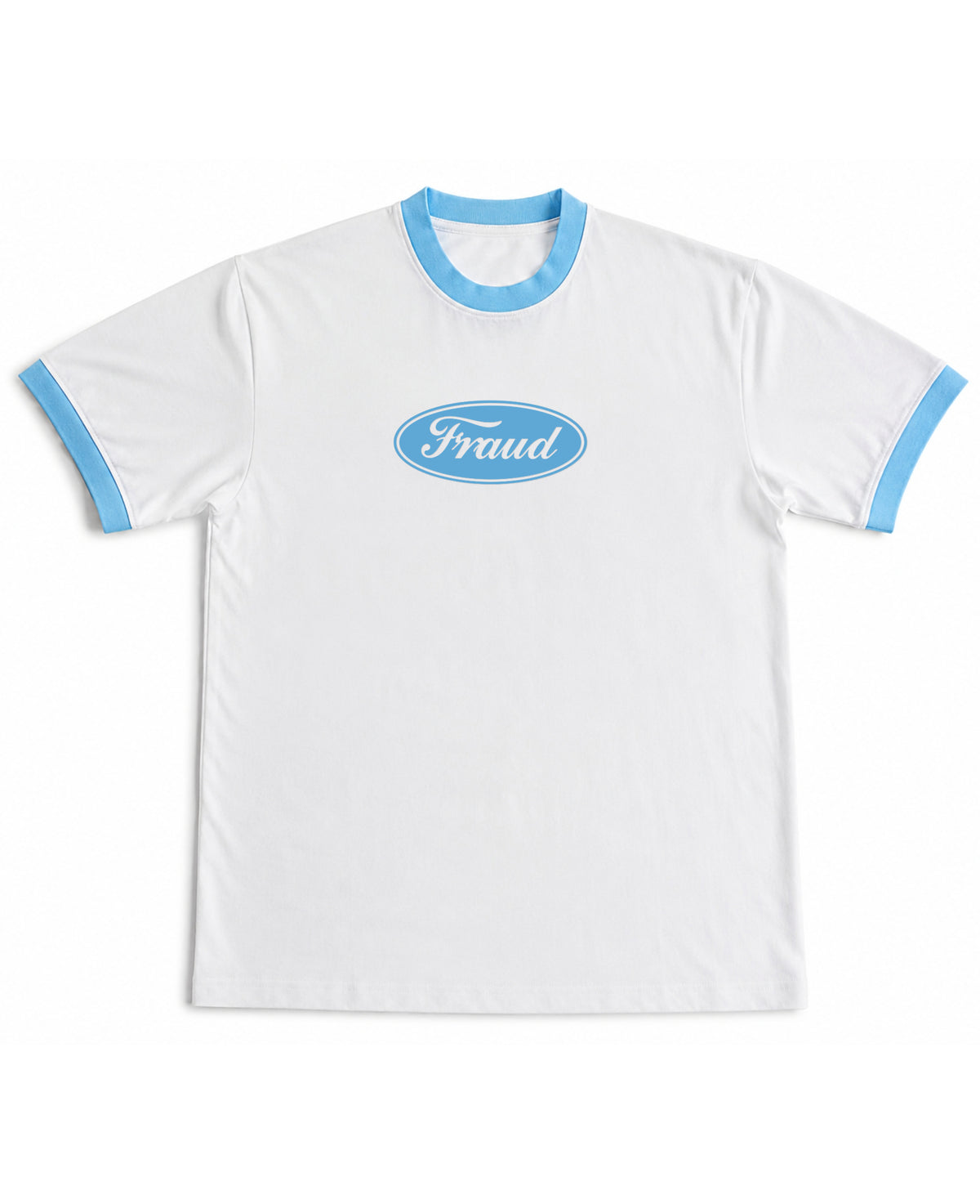 White & Sky Blue Ringer tee Front Design