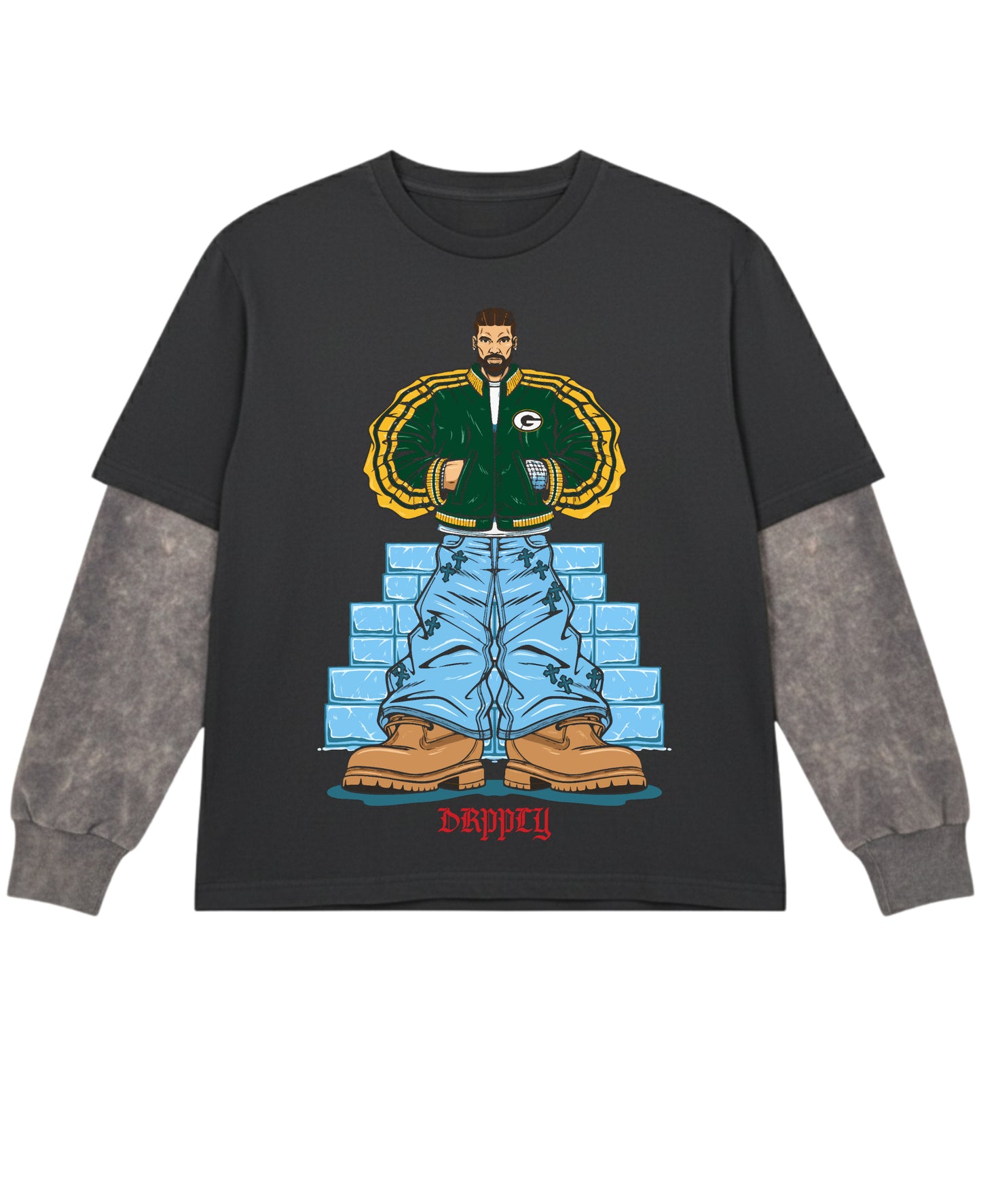 Black With Acidwash Sleeve Oversized Tee Front Design