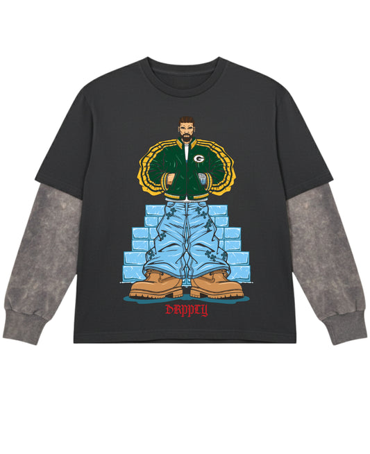 Black With Acidwash Sleeve Oversized Tee Front Design